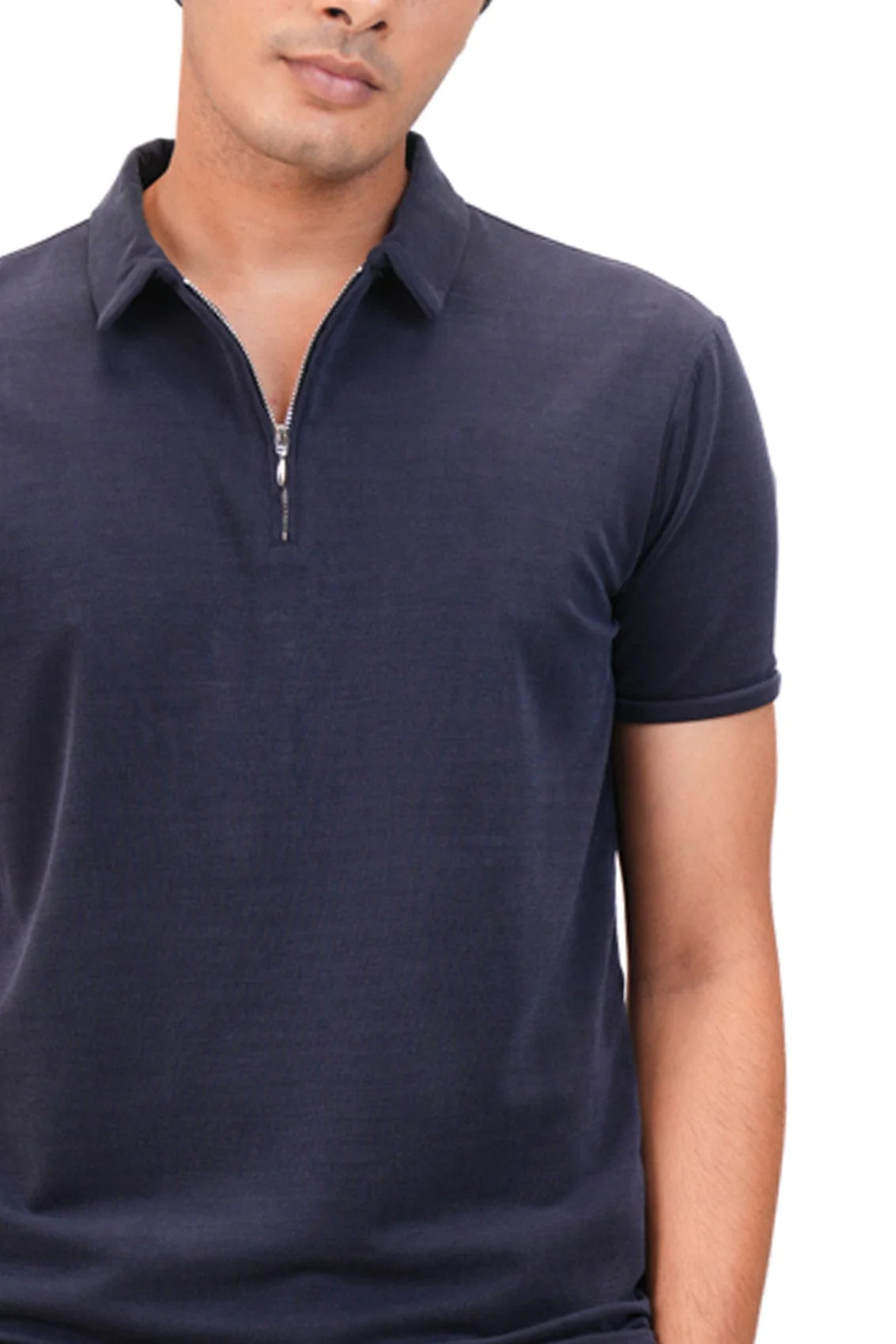 Suede Zipper Polo- Brilliant Navy - Image 3
