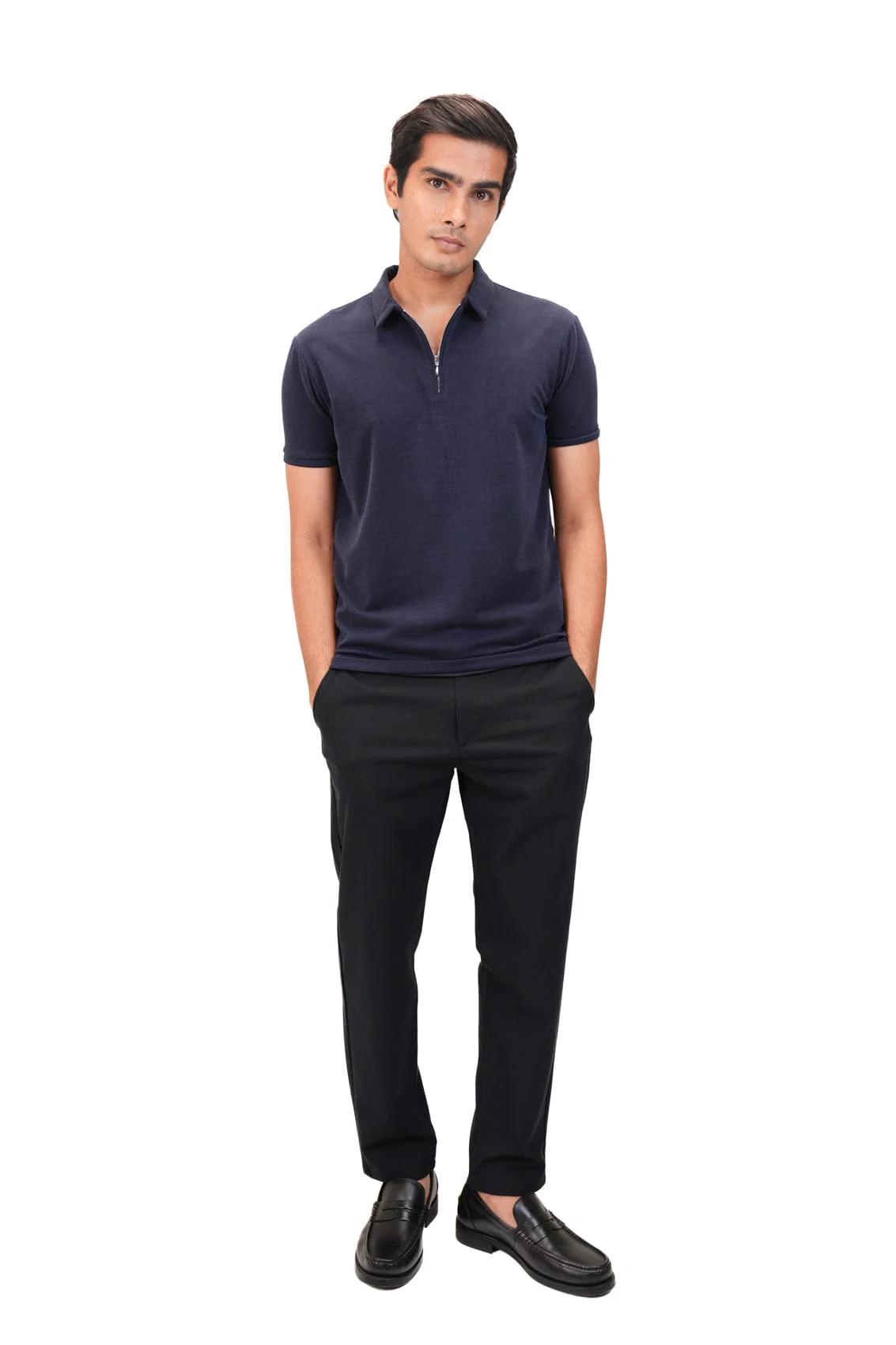 Suede Zipper Polo- Brilliant Navy - Image 4