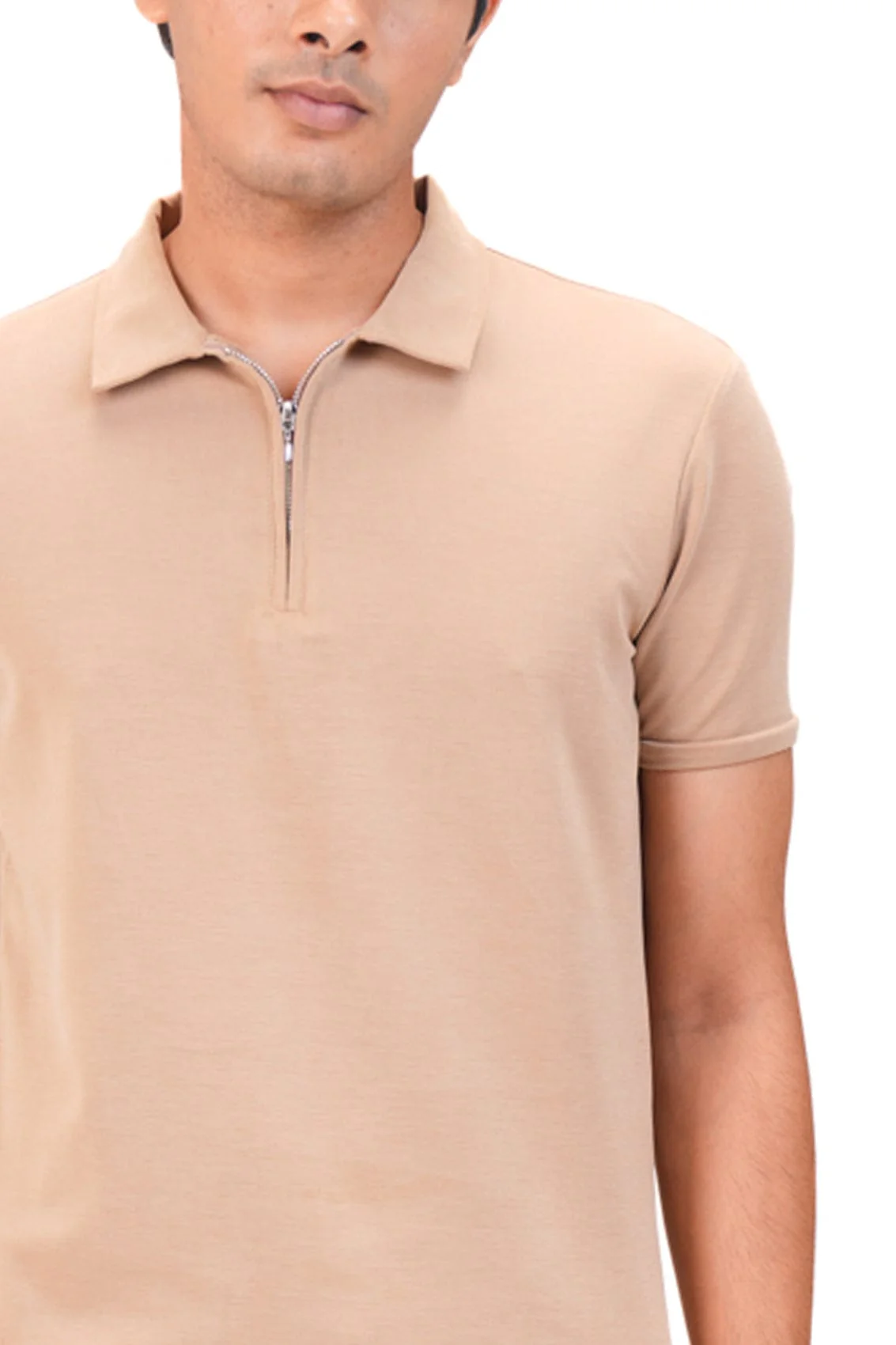 Suede Zipper Polo- Camel Beige - Image 3