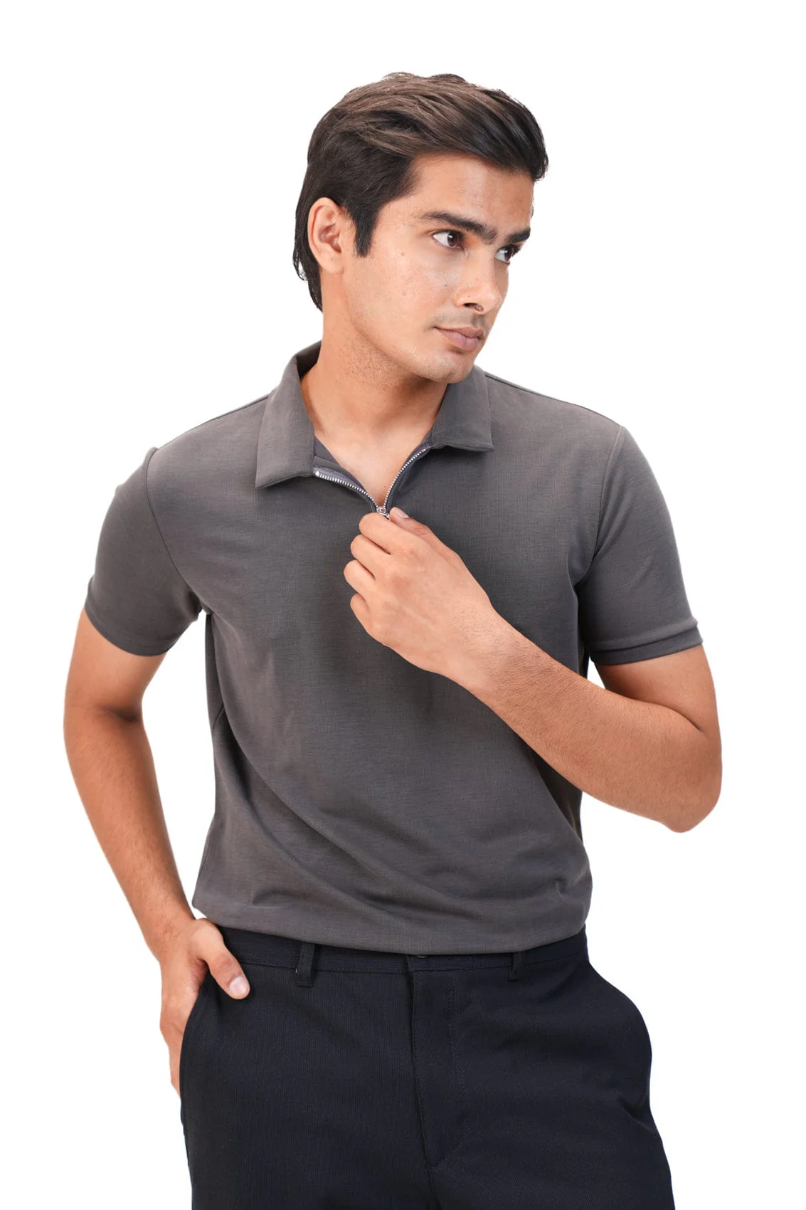 Suede Zipper Polo- Charcoal Grey - Image 3