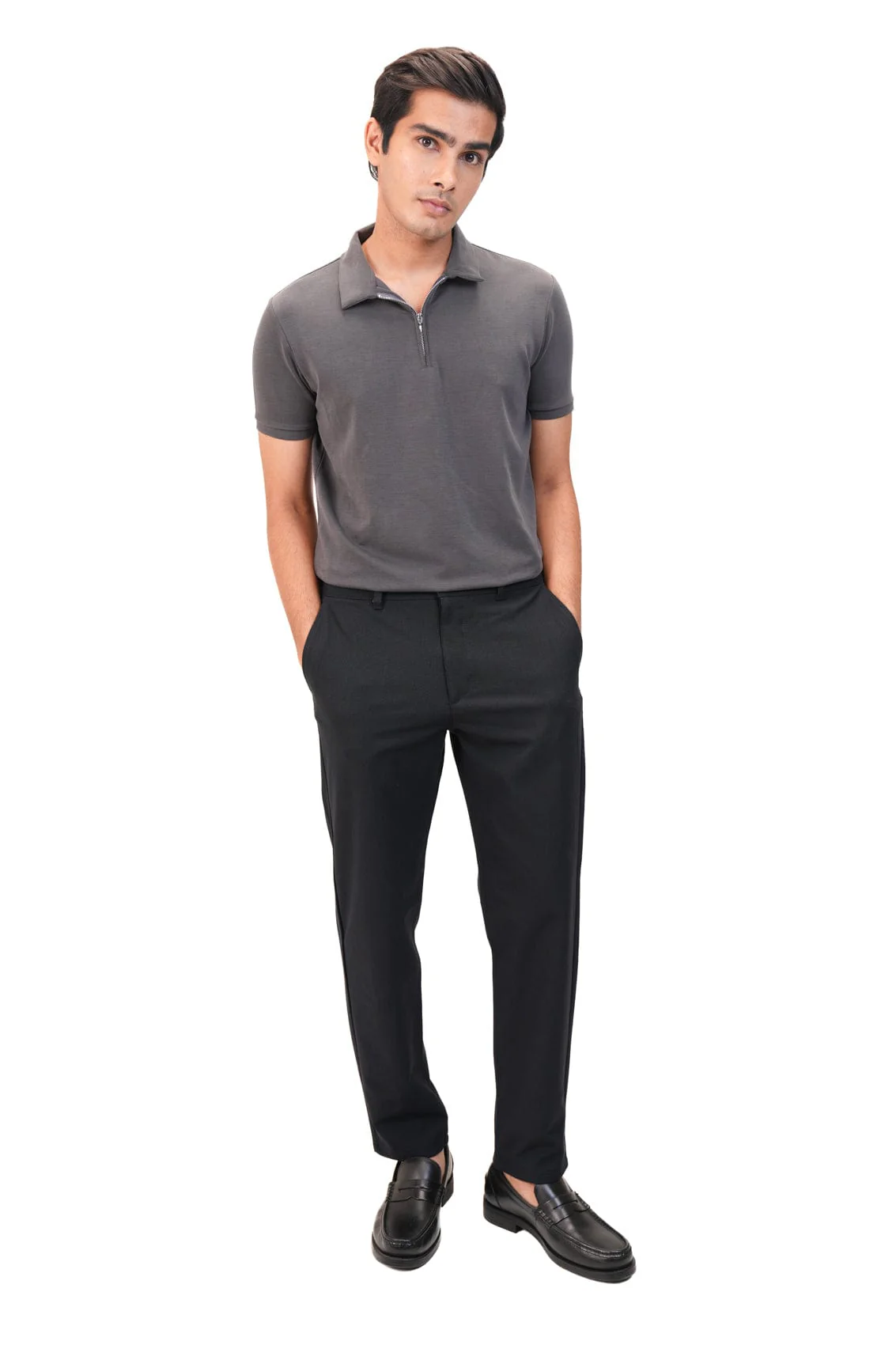 Suede Zipper Polo- Charcoal Grey - Image 4