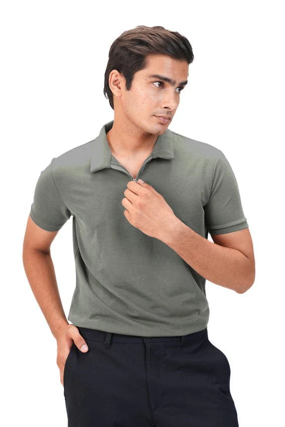 Suede Zipper Polo- Military Olive - Image 3